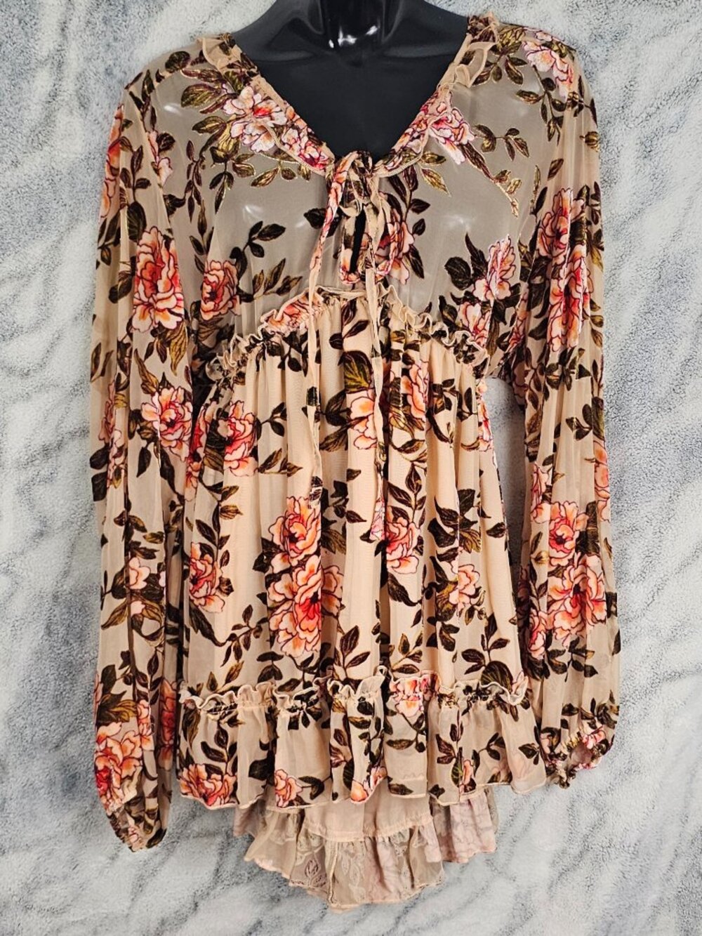 Current Mood 1X Rust Peach Romantic Boho Floral Velvet Sheer Chiffon Mini Dress